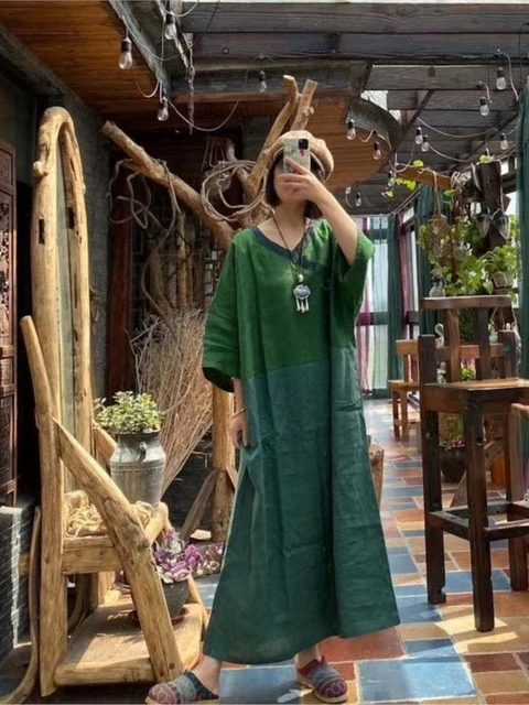 Women V Neck Linen Dress Ladies Spring Summer Flax Dresses Female 