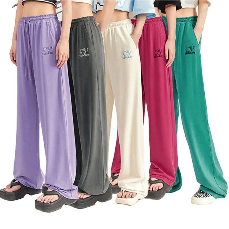 

Hellokittys аниме мультфильм прямые повседневные брюки Sanrios вышивка симпатичный принт свободные широкие штаны драпировки для женщин