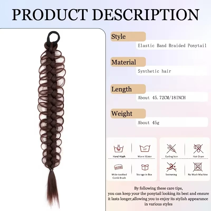 Extension per Coda di Cavallo Sintetica a Treccia a Lisca di Pesce da 18 Pollici con Elastico, Accessorio per Capelli Intrecciati per Donna, Uso Quotidiano - immagine 2
