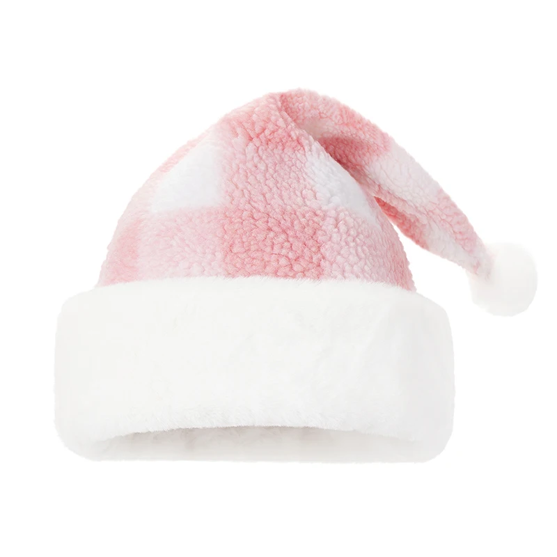 Cute Pink Plaid Santa Claus Hat Fleece Santa Cap Christmas Hats for Adults with Plush Trim
