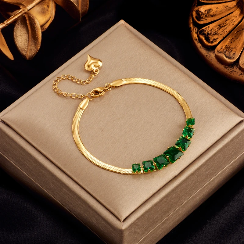 MEYRROYU 316 Stainless Steel Green Stone Butterfly Tassel Multilayer Snake Chain Bracelet for Women Wedding Jewelry Beach брелок