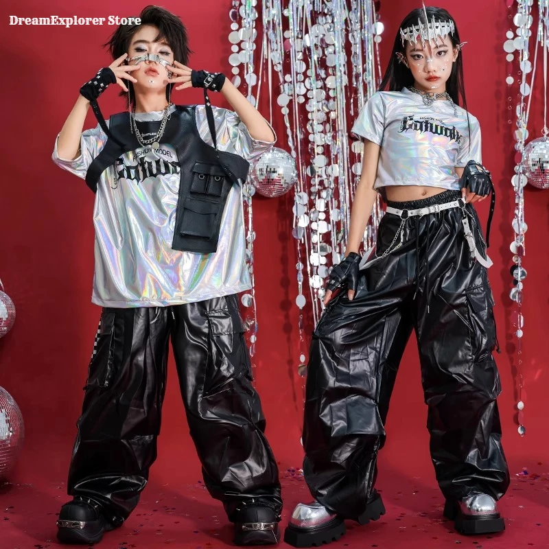Hip Hop Boys T-shirt Street Dance Silver Pants Girls K-pop