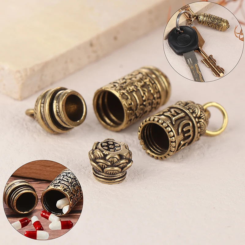Pendant Keychain Brass Buddha Sutra Cylinder Pendant Keychain Hanging Necklace Jewelry Pill Box Medicine Case Container Bottle Keychains Gift brass pendant keychain