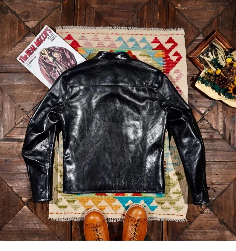 Italian Horsehide Jacket Stand Collar Short Slim Motorcycle Leather Coat Vintage men leather jacket women leather jacket
