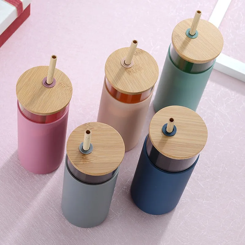 Glass Tumbler with Straw and Bamboo Wood Lid Glass Water Bottle with  Silicone Protective Sleeve Reusable Cup Drinking Glasses