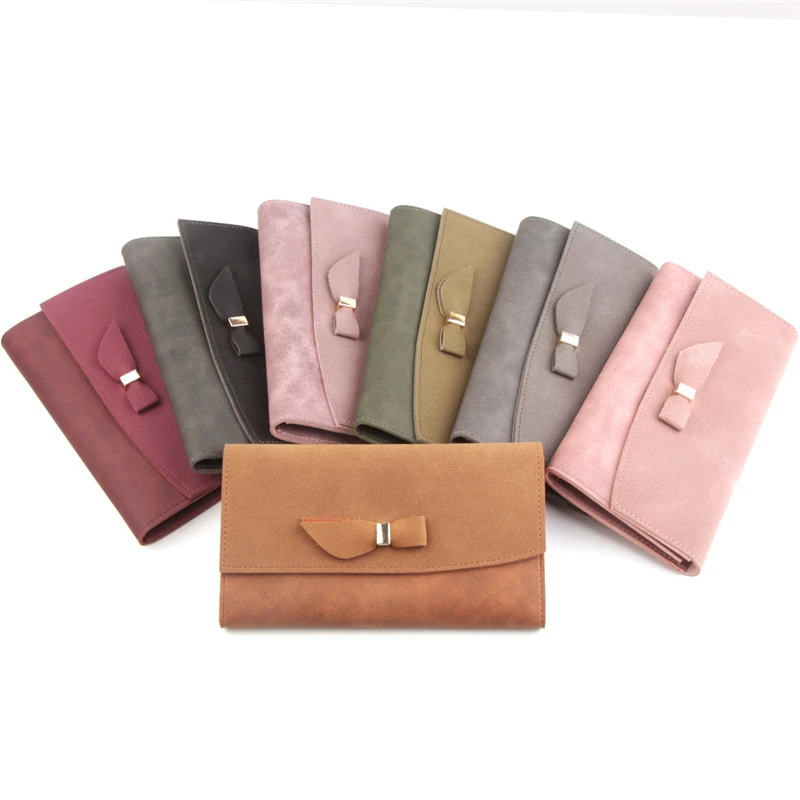 

Women Wallets Matte Leather Bow Three Fold Hasp Solid Color Coin Purses Female Fashion Card Holder Clutch Money Phone Bag
