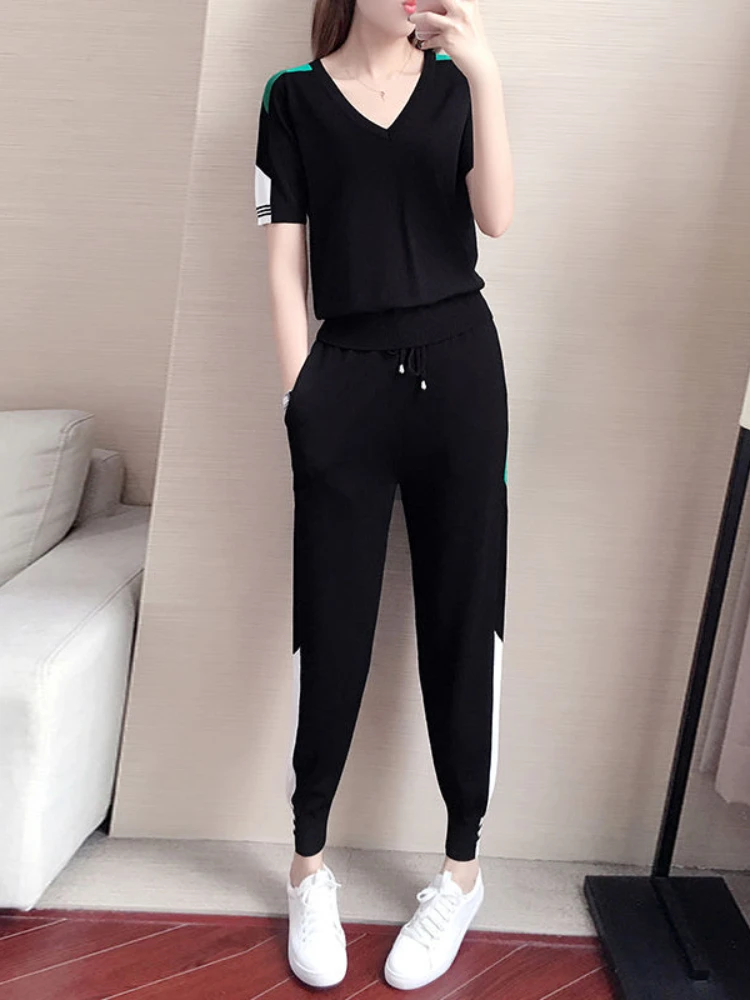 2022 New Summer Womens Tracksuit Set Lady Sportswear Suit Two Piece Set Jumpsuit Short Sleeve V-neck Pullover Long P