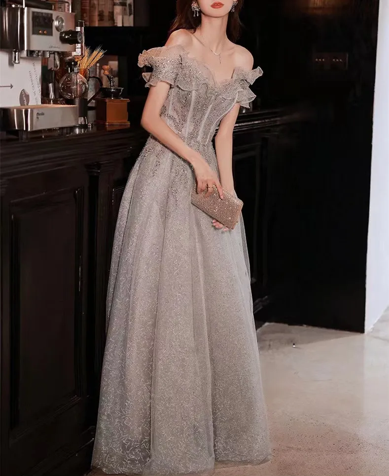 

Gorgeous Evening Dresses Strapless Off Shoulder Sequin Beaded Bandage Shiny Slim A-Line Backless Floor-Length Wedding Party Gown