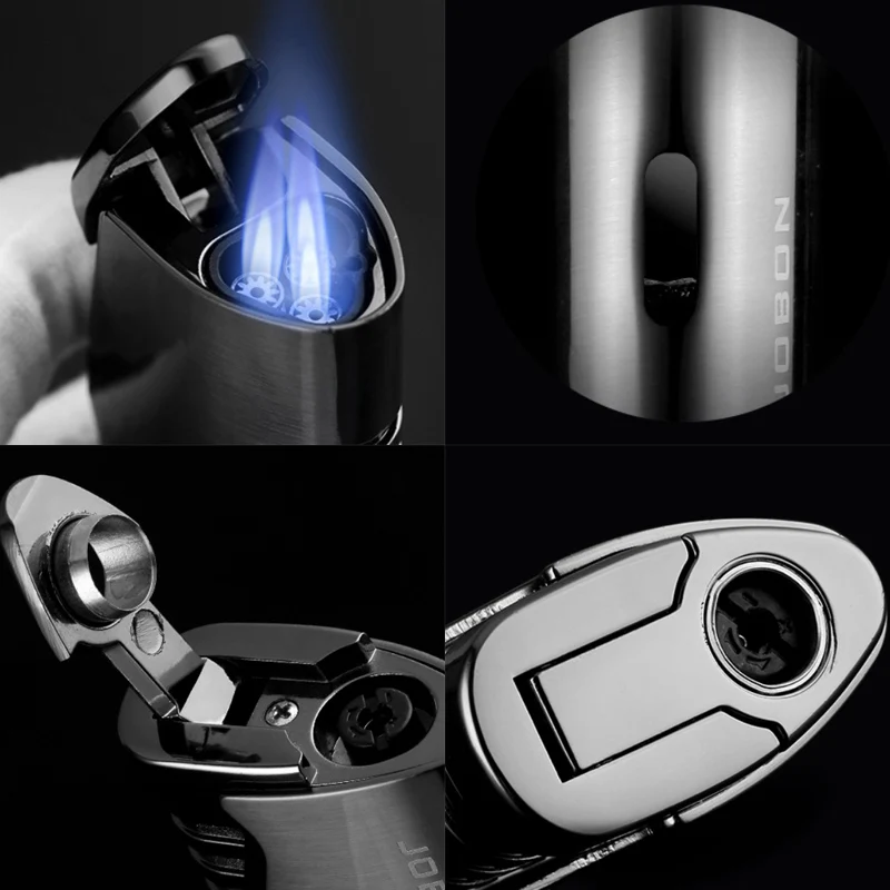 Description Picture 5 of itemJOBON Metal Triple Torch Jet Lighter Pipe Lighter With Cigar Cutter Visible Gas Window Windproof Flame Lighter Gadgets For Men