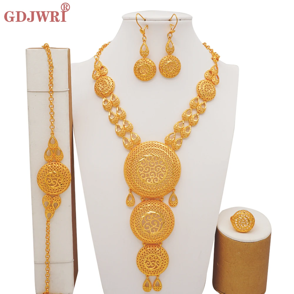 

Dubai Gold Color Big Jewelry Sets For Women Wedding Long Round Necklace Ethiopian Set Traditional Jewellery Party Gift