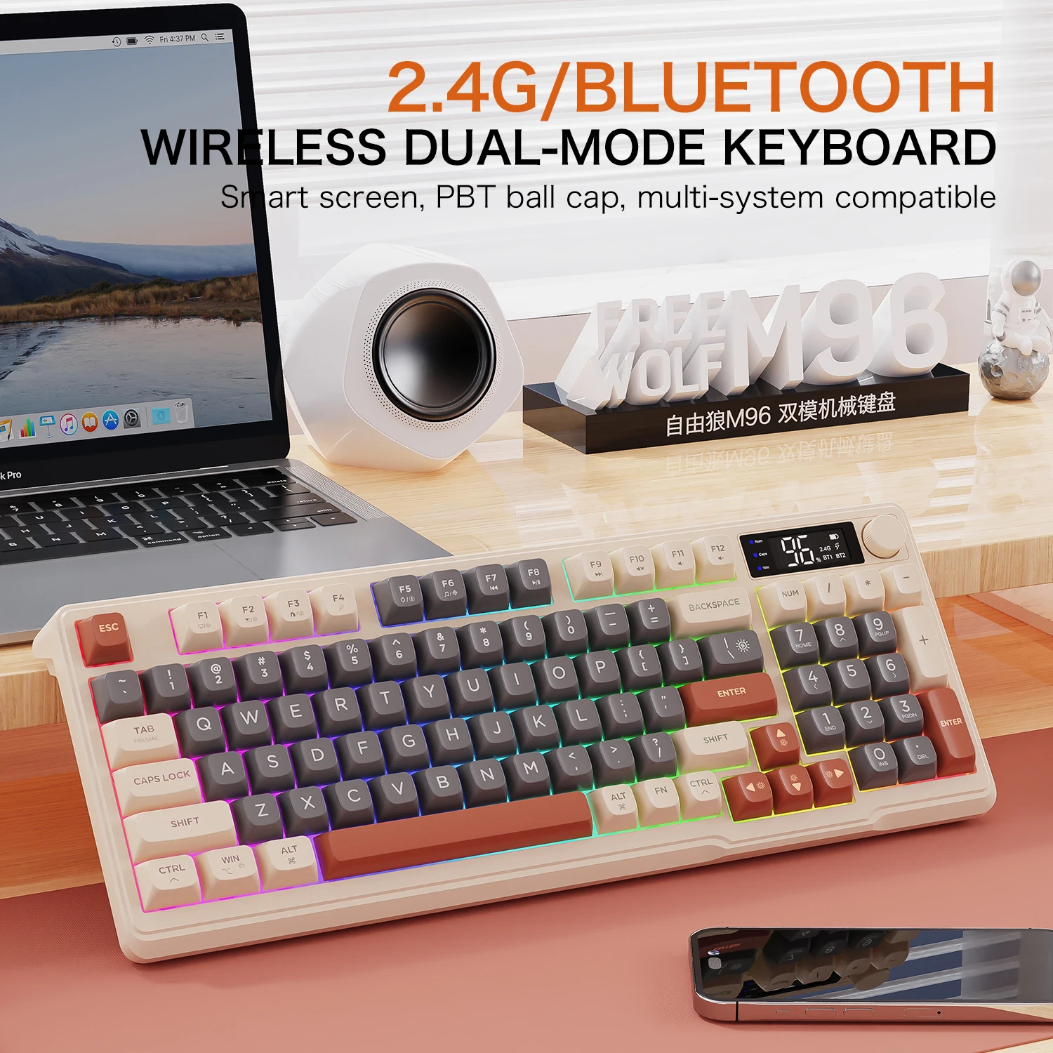 FREEWOLF M96 무선 듀얼 모드 키보드, 지능형 화면, 2000mAh 배터리..