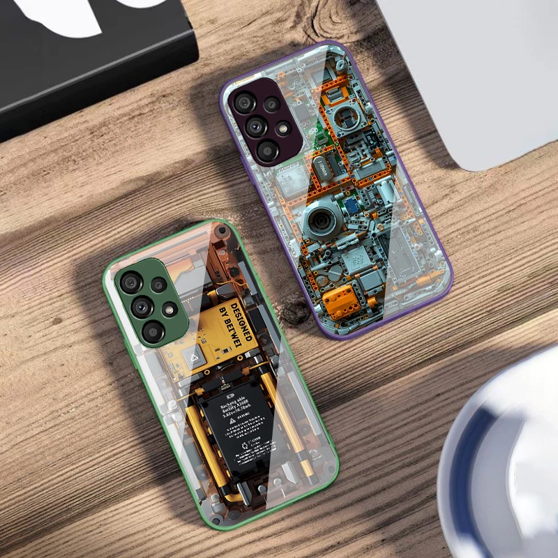 Luxury Black Mechanical Design Phone Case with Tempered Glass Cover