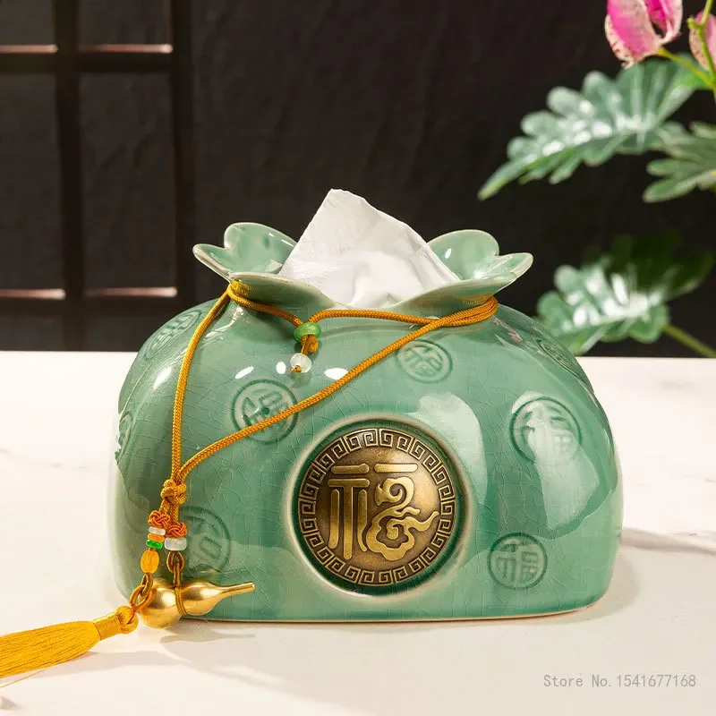 Chinese Style Tissue Box, High-end Light Luxury Style Creative Home Living Room Ceramic Coffee Table Dining-Table Paper Box, 1Pc
