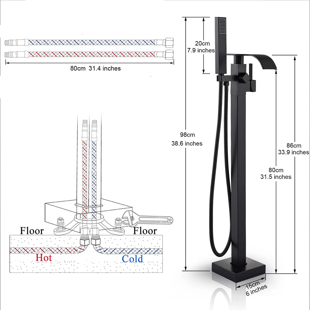 Floor Standing Faucet Bathtub Shower Floor Mounted Tub Filler Faucet Brass Bathroom Tub Faucets with Hand Shower 3