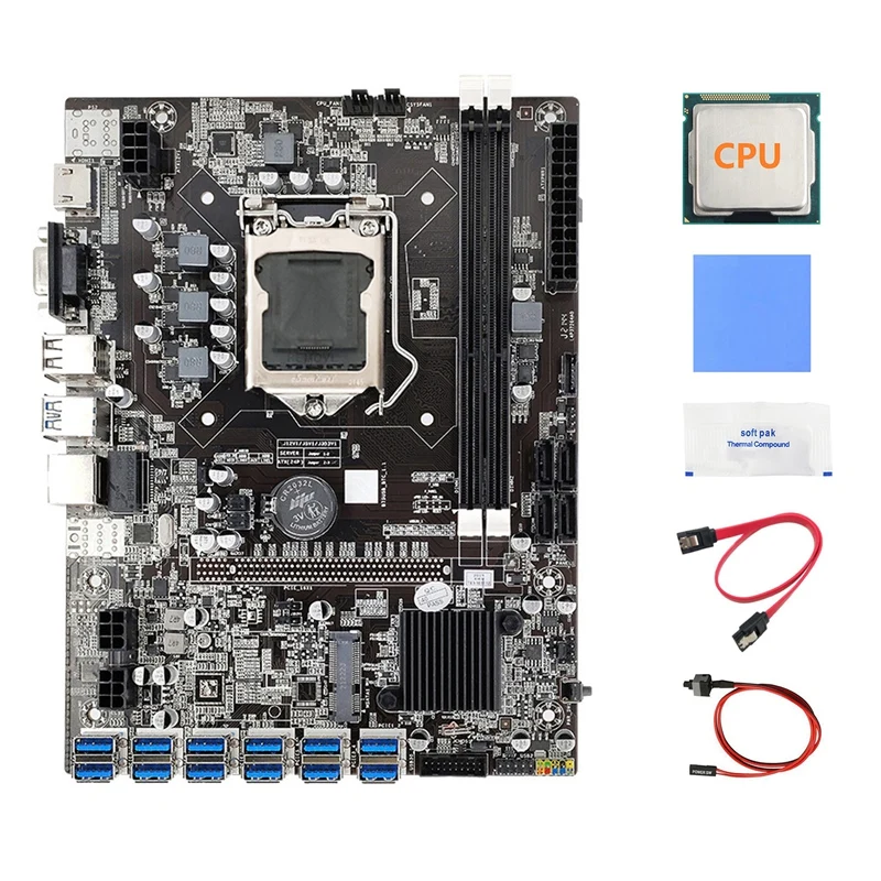 B75 ETH Mining Motherboard 12 PCIE To USB+Random CPU+Switch Cable+SATA Cable+Thermal Grease+Thermal Pad B75 Motherboard most powerful motherboard