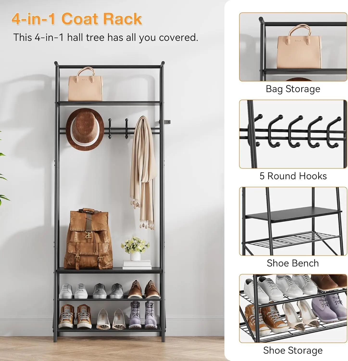 Coat Rack Shoe Bench with 5 Hooks, Hall Trees Entryway Bench with Storage, Wood Look Accent Furniture with Metal Frame