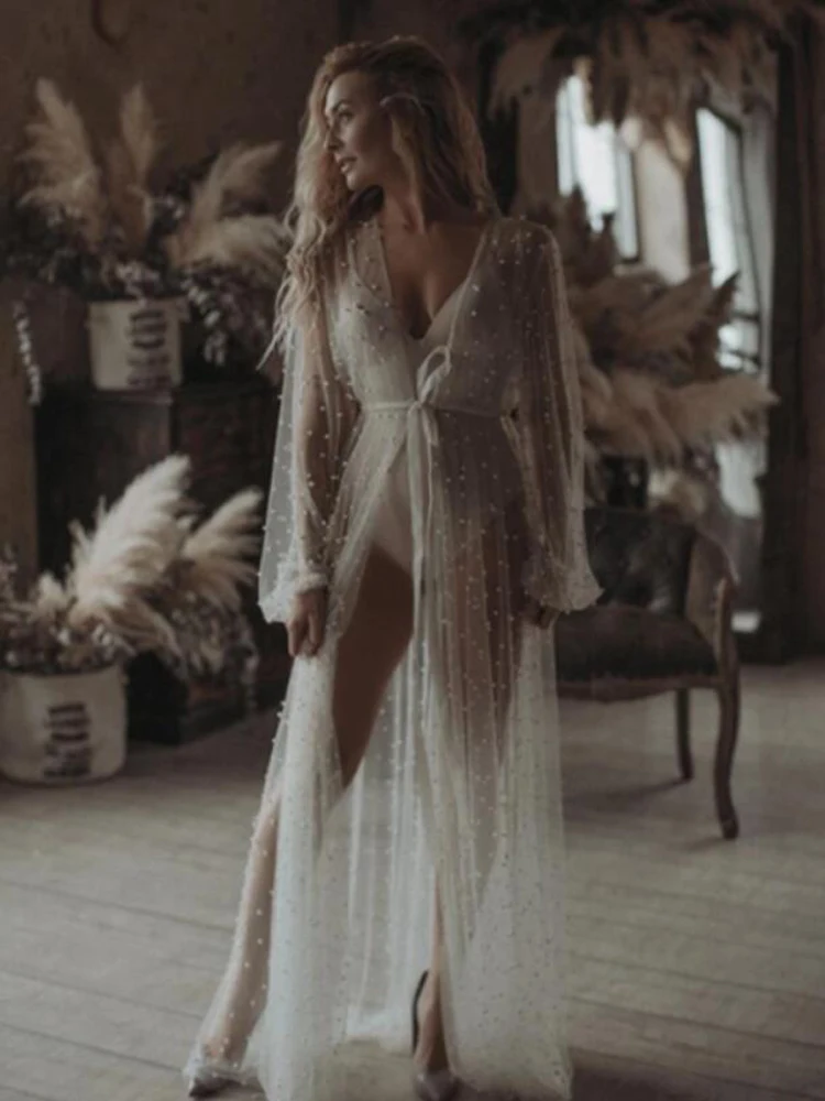 

Sexy Pearl Long Sleeve Wedding Jacket Soft Tulle Party White Ivory Shawl Bolero Floor Length Bridal Cape Custom Made Wraps