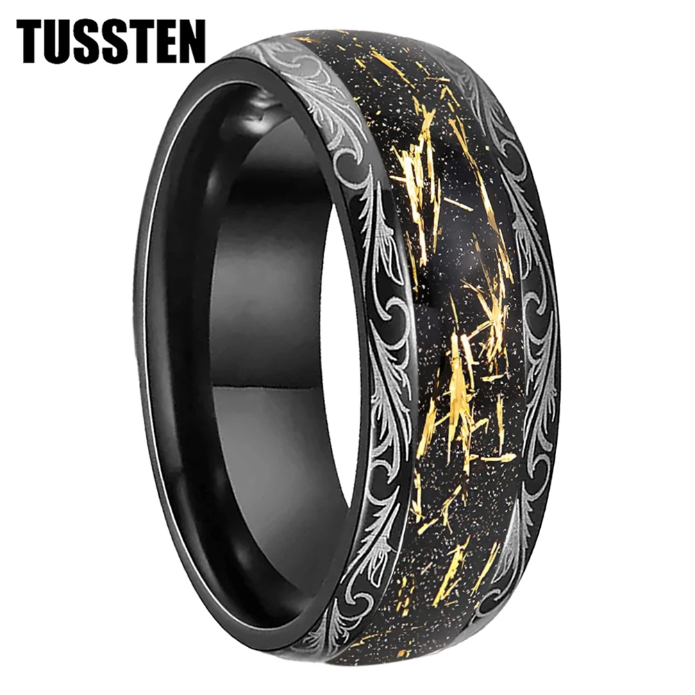 

TUSSTEN 8MM Men Black Phoenix Pattern Wood Grain Tungsten Ring Birthday Party Men's Jewelry Gift 2 Styles Optional