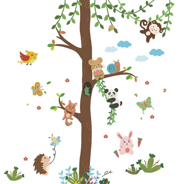 Pegatinas de pared de animales del bosque grandes, árbol, oso, ardilla,  mariposa, calcomanía de pared para habitación de niños, pegatinas  decorativas para pared - AliExpress