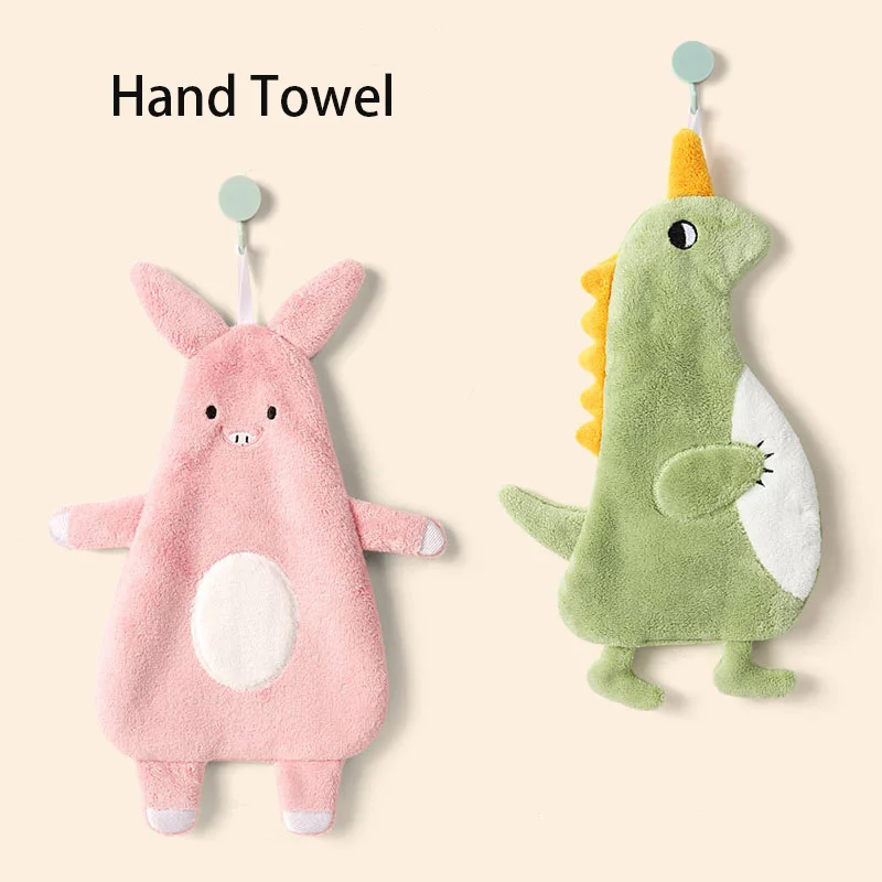 

Cute Hanging Hand Towel for Bathroom Kitchen Cartoon Animal Coral Velvet Strong Absorbent Dishcloth Decorate Dual-use Embroidery