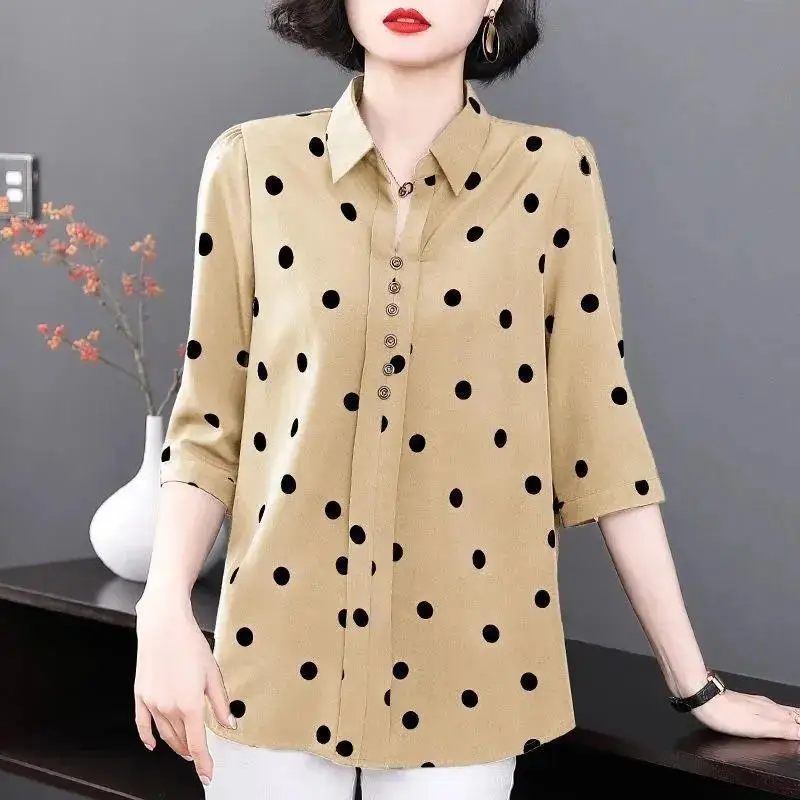 2023 New Versatile Commuter Women's Clothing Simplicity Dot Print Buttons V-neck Half Sleeve Temperament Pullover Shirt