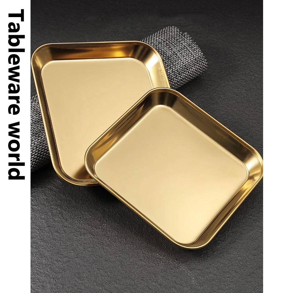 304 Stainless Steel Square Plate Golden Thick Skewers Dish Plate Restaurant Commercial Flat-bottom Korean Barbecue Tableware dining dish