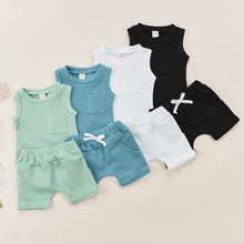 

Infant Two-piece Layette, Solid Color Round Neck Sleeveless Romper and Drawstring Elastic Waist Shorts