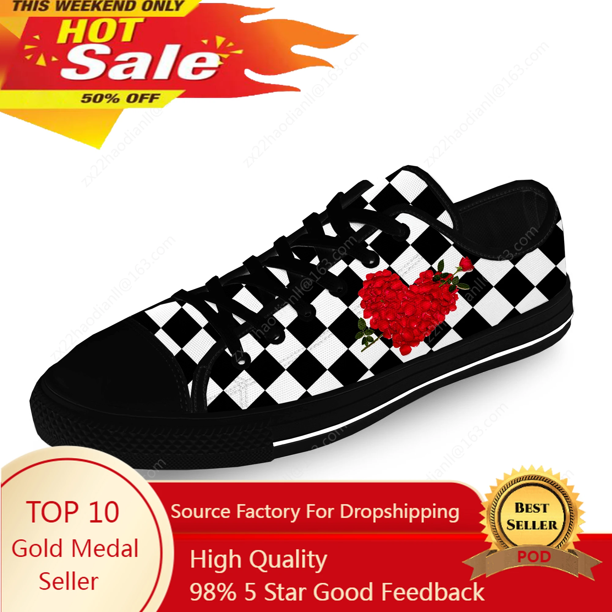 

Black And White Squares Rose Flower Casual Cloth Fashion 3D Print Low Top Canvas Shoes Men Women Lightweight Breathable Sneakers