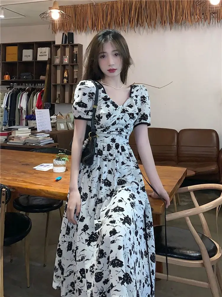 

Floral Dresses Women Vintage Summer Puff Sleeve Sweet A-line Korean Style Ladies Temperament Fashion