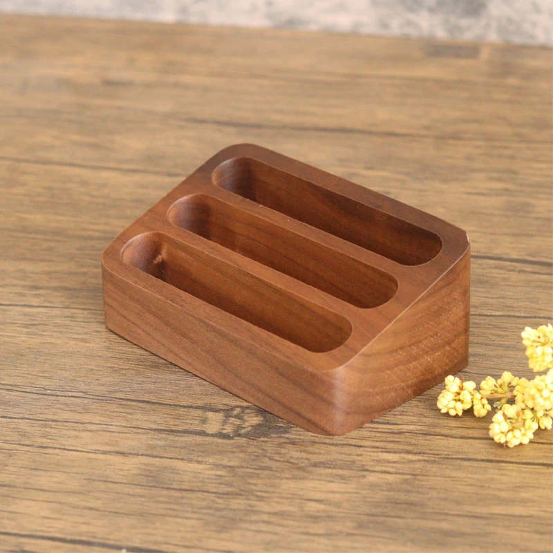 단단한 나무 데스크탑 명함 디스플레이 스탠드 3칸 카드 보관함 카드 상자 사무용품 카드 홀더 정리함