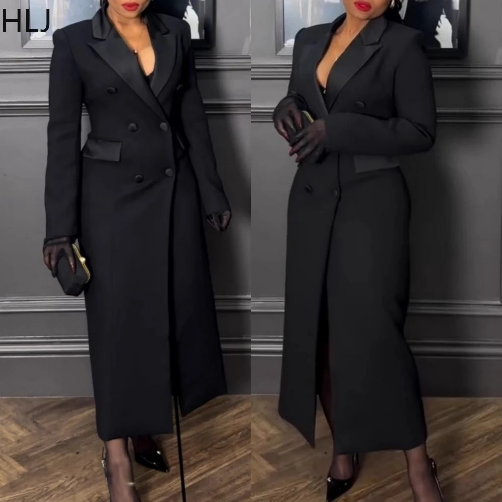HLJ Noir l gant Femmes Col En V Bouton Longues Robes Bureau Dame 