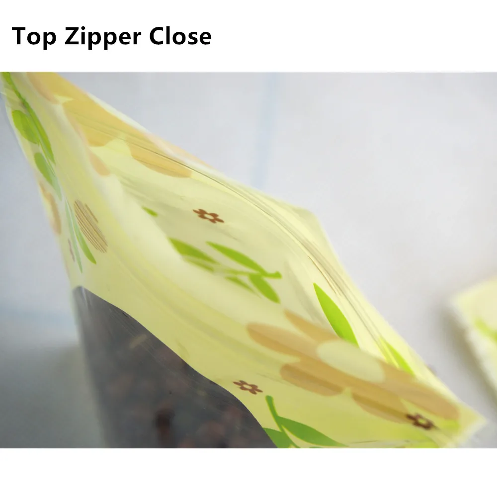100pcs Green Fancy Printing Standing Up Zip Lock Bags with Clear Window - Stand Plastic Pouch with Leaf Design Print Candy Pack 3