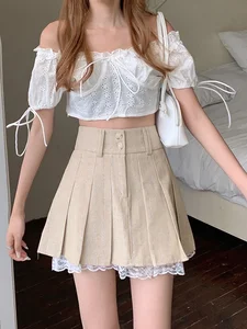 Корейская мода 2022, короткая юбка цвета хаки, милая плиссированная юбка с кружевной отделкой, Женская юбка в стиле преппи на пуговицах с завышенной талией
