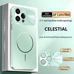Luxury Colorful Magnetic Large Window Cell Phone Case with Air Lens Protection and Wireless Charging Cover for iPhone 15 (Cyan)