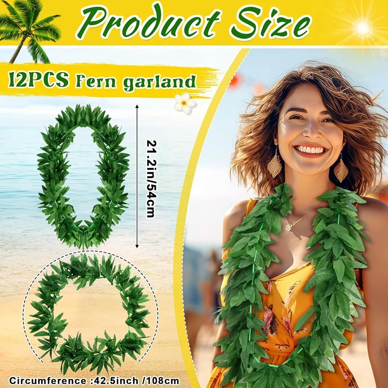 12/1pcs Tropical Green Leis Hawaiian Party Artificial Leaf Flowers Garland Necklace Summer Luau Beach Birthday Party Decoration