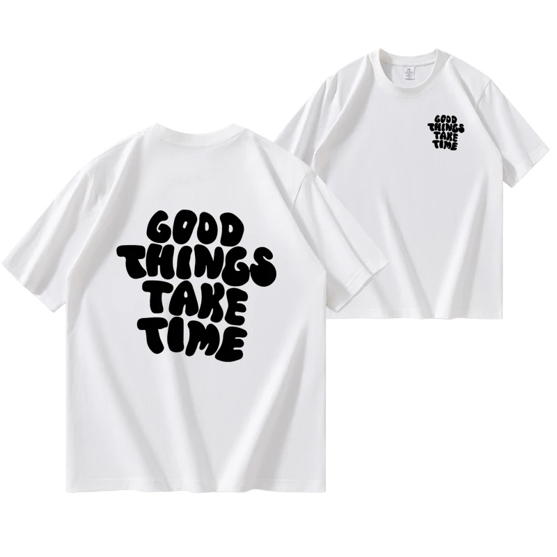 Gode ting tar tid Mønstertrykk Behagelig T-skjorte, Grafisk T-skjorte sommer utendørsklær, Herreklær, Overdeler for menn_voghion.com
