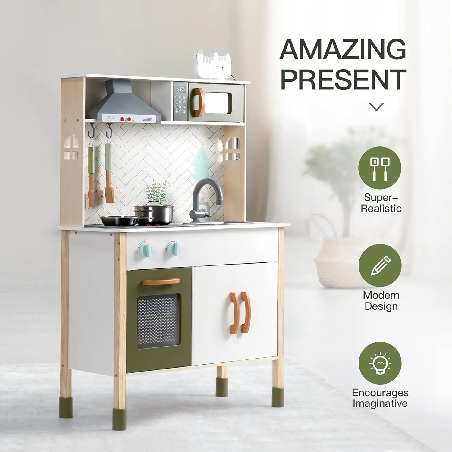 Robotime Robud Kitchen Playset Realistic Pretend Play Kitchen Montessori Wooden Play Toy Set for Kids Girls Boys