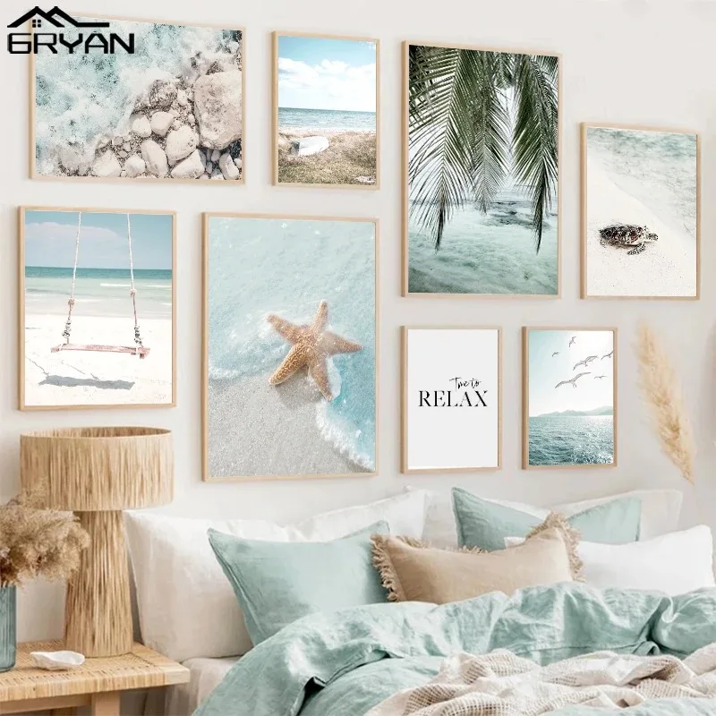 Beach Sea Ocean Canvas Wall Art Poster Bridge Leaves Turtle Seagull Print Painting Vibrant Summer Picture Nordic Home Decoration