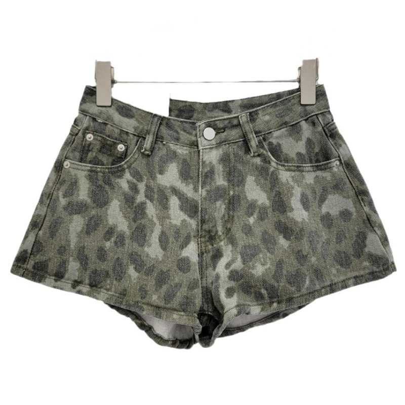 Retro Leopard Printed Denim Shorts for Women 2024 New Summer High Waist Slimming All-Match Hot Pants Street Shorts
