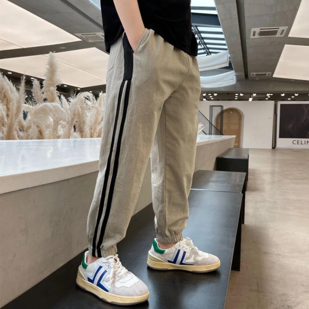 

Fashion Casual Boys Spring Autumn Children New Striped Spliced Korean Sporty Elastic Waist Ankle-Length Pants Handsome Trousers