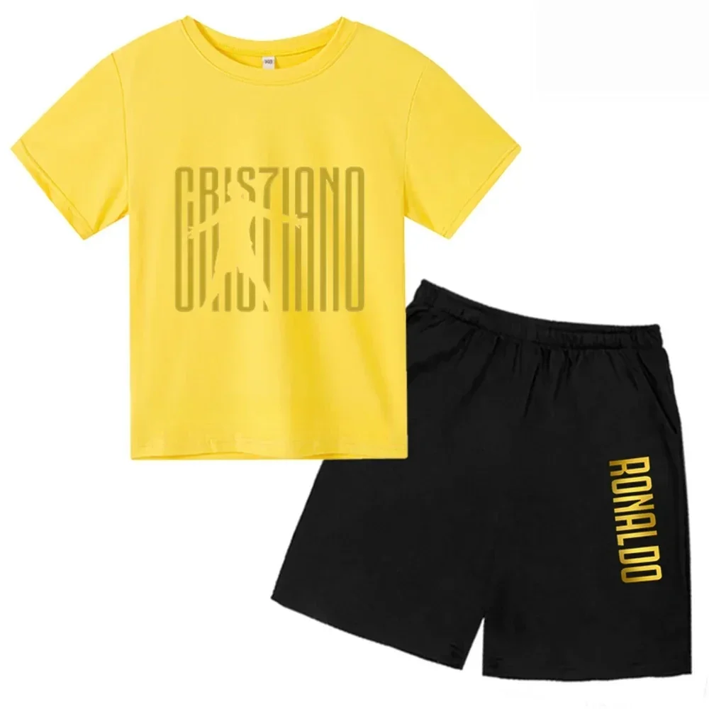 thumbnail image 1 of Conjunto de 2 piezas de camiseta y pantalones cortos con estampado de estrellas CR7 para niños y niñas de 3 a 13 años, ropa para niños, traje deportivo informal de moda Sunshine, 1 of 5