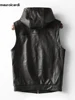 Mauroicardi Spring Autumn Luxury Elegant Cool Black Pu Leather Vest for Men with Hood Zipper Sleeveless Jacket Men Clothing 2023 2