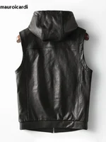Mauroicardi Spring Autumn Luxury Elegant Cool Black Pu Leather Vest for Men with Hood Zipper Sleeveless Jacket Men Clothing 2023 2