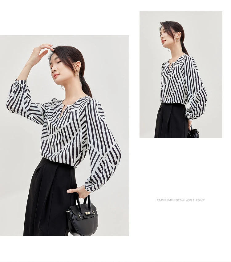 SENTUBILA Women Elegant Print Chiffon Blouses and Tops 2025 Contrast Striped Round Neck Puff Sleeve Loose Autumn Shirts 133V5130