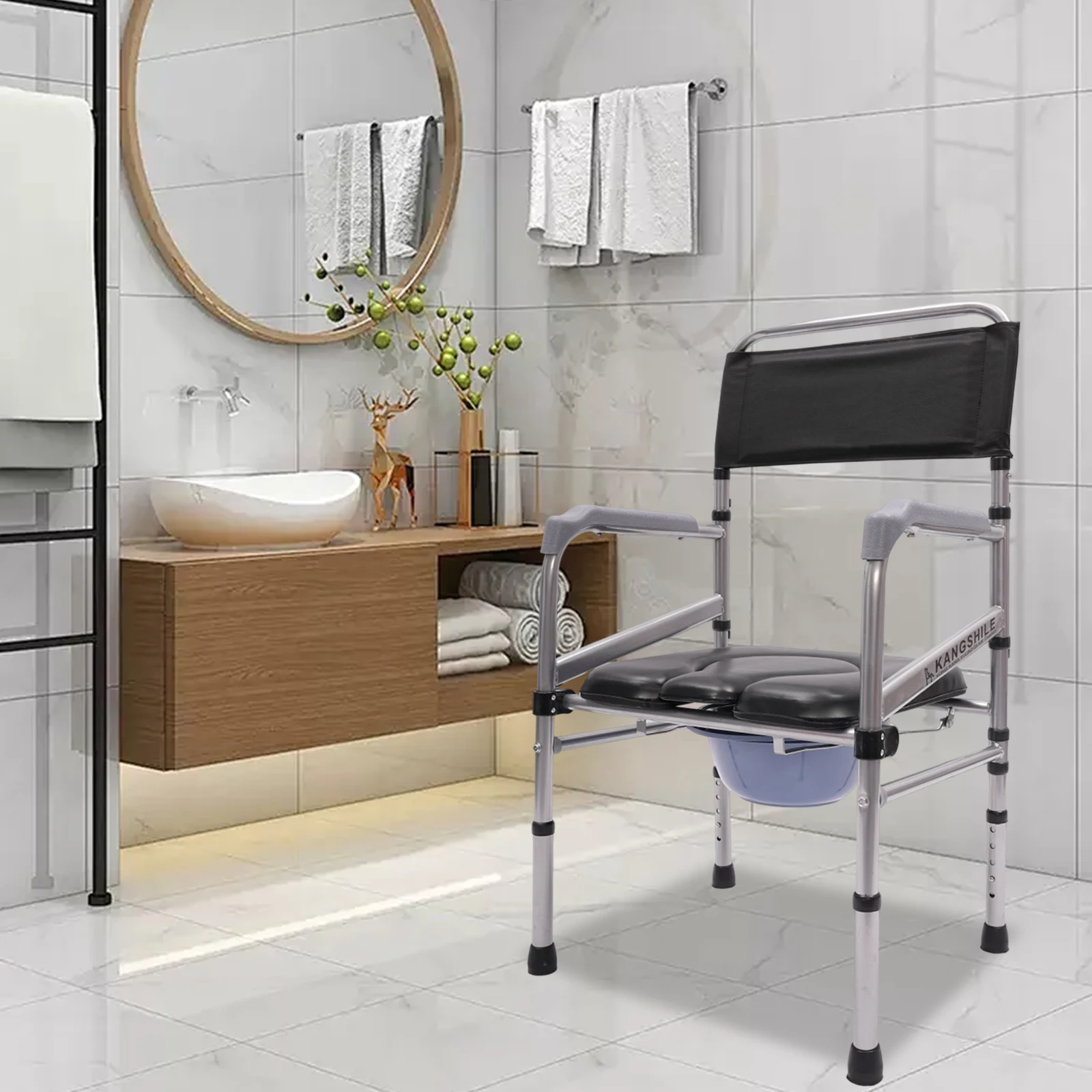 Folding Shower Chair Adjustable Height Bath Safety Toilet Seat with Commode for Patient Transfer Disabled Seniors Aid 385.81lbs 5