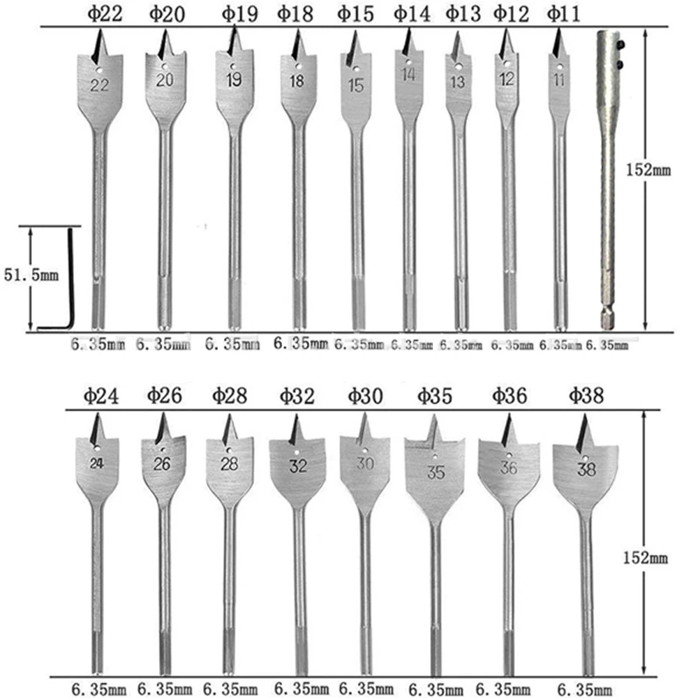 

6-45mm Flat Drills High-carbon Steel Wood Hand Drill Bits Woodworking Tool Titanium Coated Spade Durable Power Tools