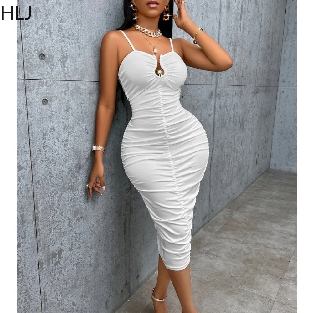 

HLJ White Sexy Deep V Ruched Bodycon Suspenders Dress Women Sleeveless Strap Slim Vestidos Female Solid Backless Clothing 2024