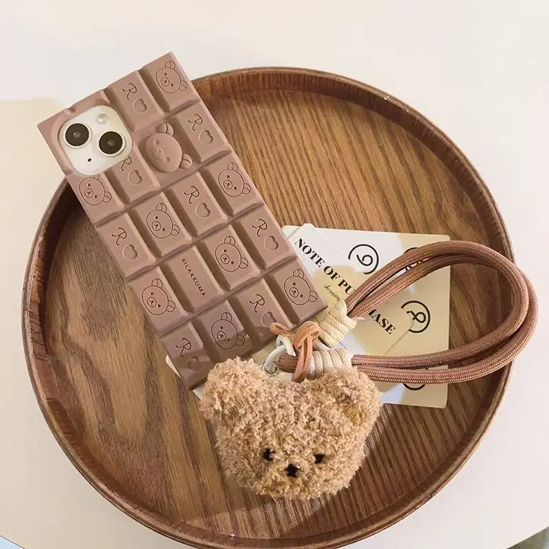 3D Chocolate Rilakkuma Phone Case For iphone 17 16 Pro Max 15 14 Plus 13 12 11 Pro Max Soft Cover with Cute Bear wrist strap 2