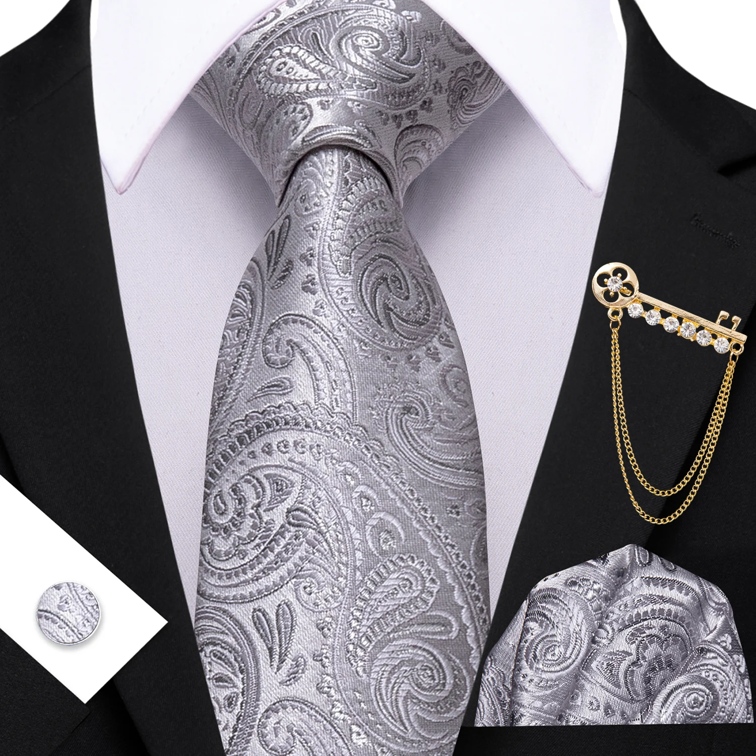 Klassisches Krawatten-Set für Herren mit Blumenmuster, Grau, Rosa, Königsblau, passender Einstecktuch und Manschettenknöpfe, lässige Krawatten-Accessoires – Detail 3