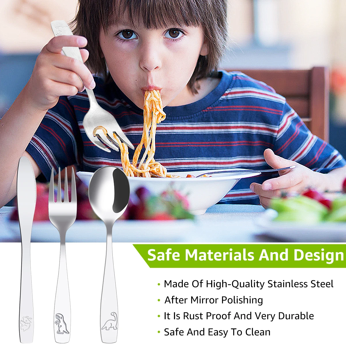 10/9 Pcs Stainless Steel Kids Fork Spoon and Knife Set Fun Dinosaur Bear Smooth Kids Silverware Set Toddler Meal Dishwasher Safe cutlery set stainless steel cutlery set